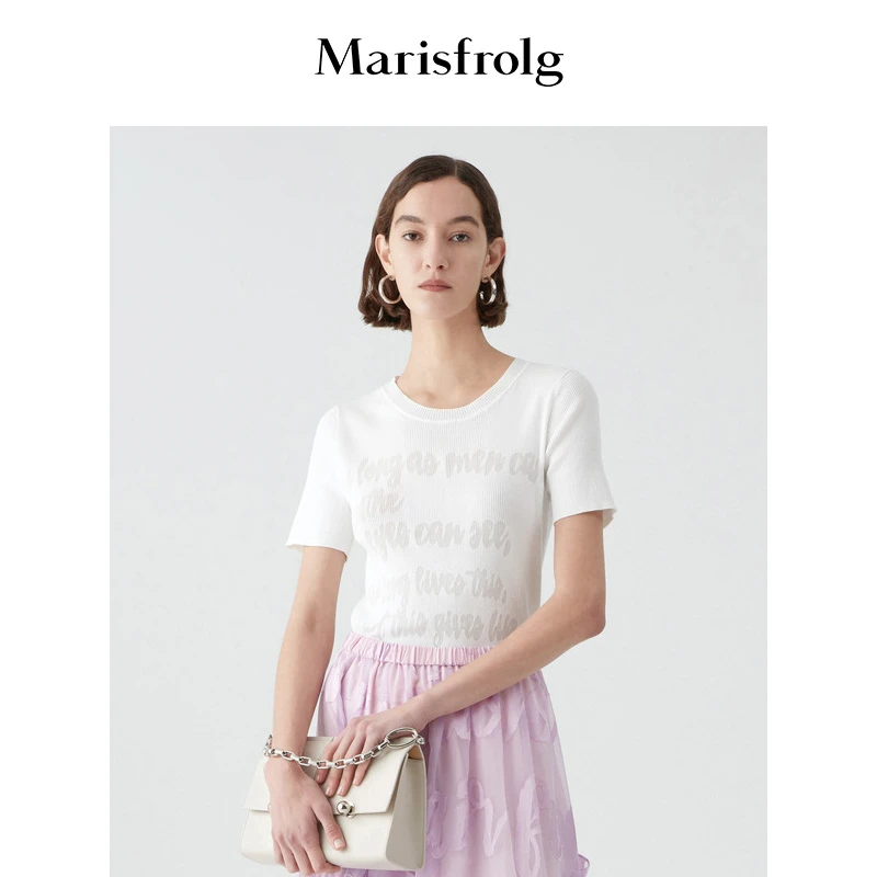 Marisfrolg/玛丝菲尔女装2021年春季新款白色短袖针织打底上衣T恤