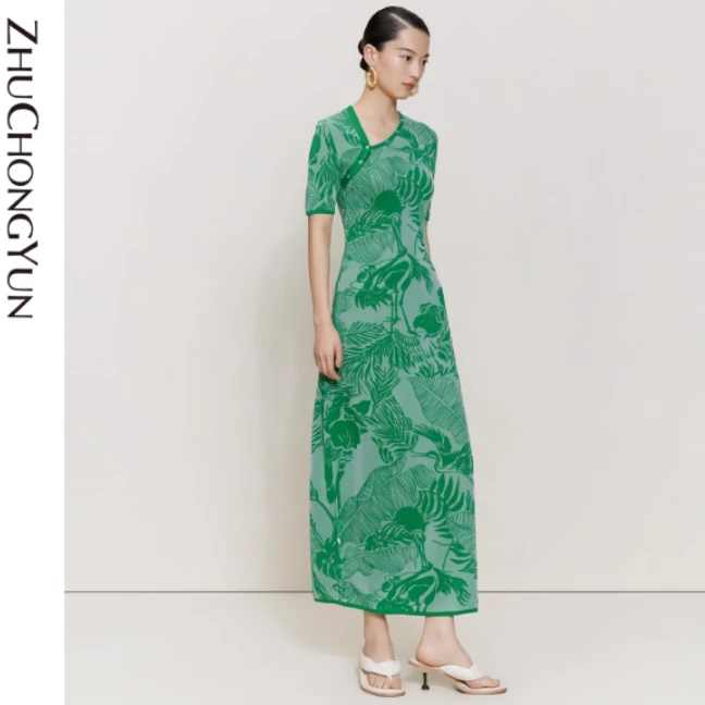 ZHUCHONGYUN夏绿色白鹳新中式针织长裙国风优雅连衣裙CCCX2874M