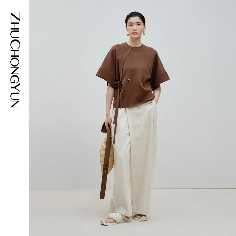 【冬姐精选】ZHUCHONGYUN系带圆领针织上衣