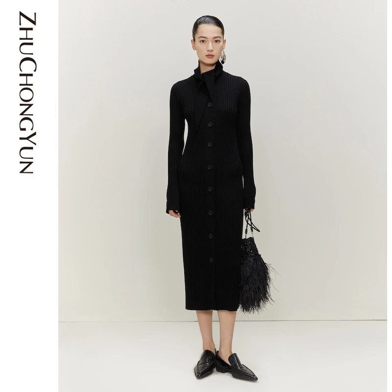 【米儿精选】ZHUCHONGYUN新款通勤叠层领口罗纹连衣裙
