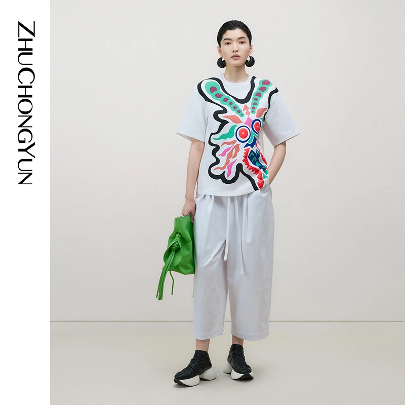 【米儿精选】ZHUCHONGYU印花落肩圆领上衣T恤