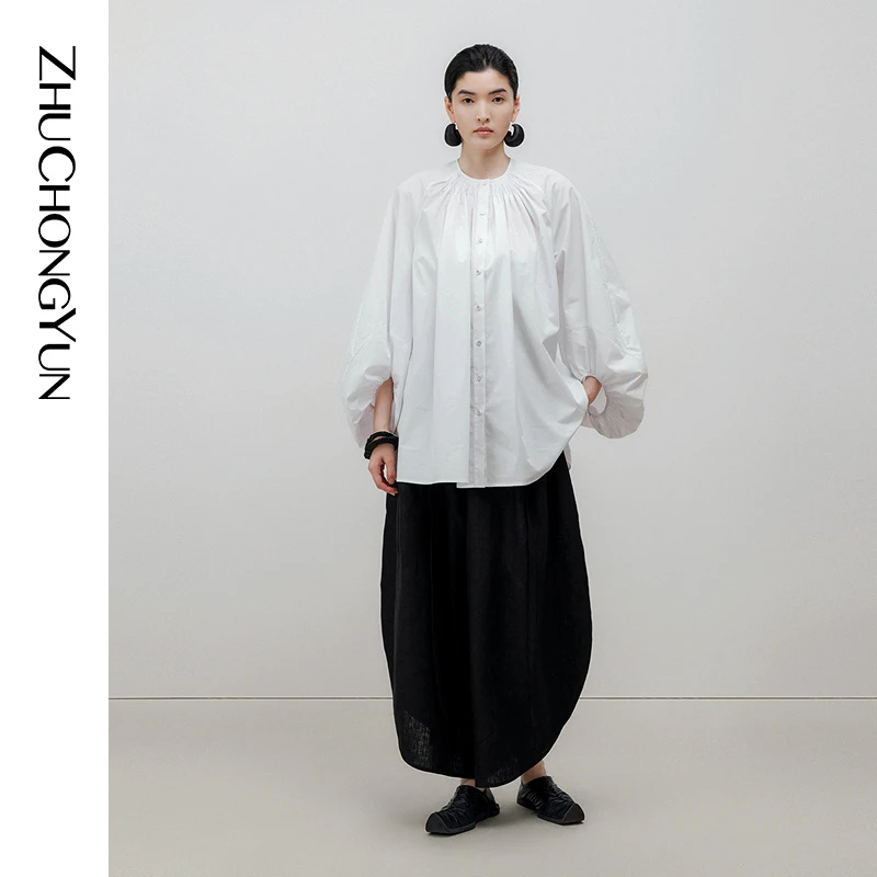 【米儿精选】ZHUCHONGYUN褶皱宽松量感廓形圆领衬衫上衣