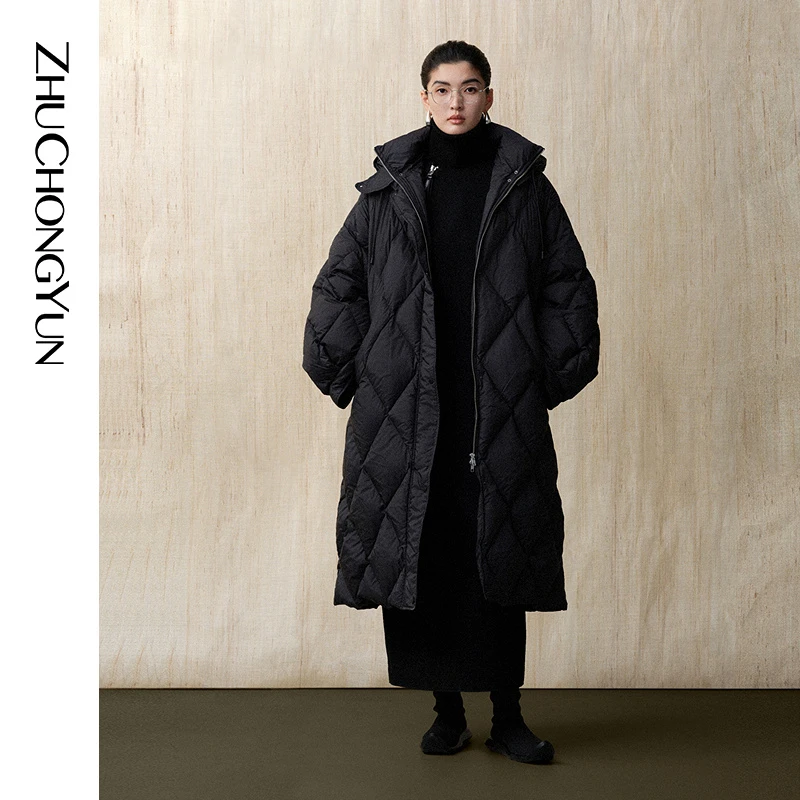 ZHUCHONGYUN冬新款宽松廓型白鹅绒黑色格纹羽绒服