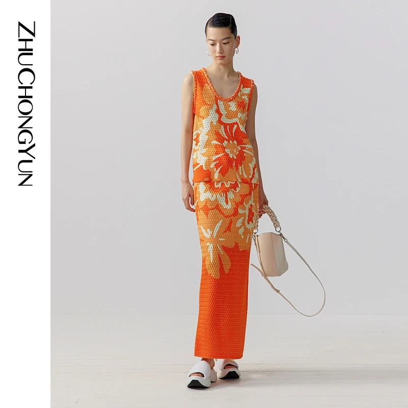 【米儿精选】ZHUCHONGYUN繁花春望时尚微镂针织直身半裙