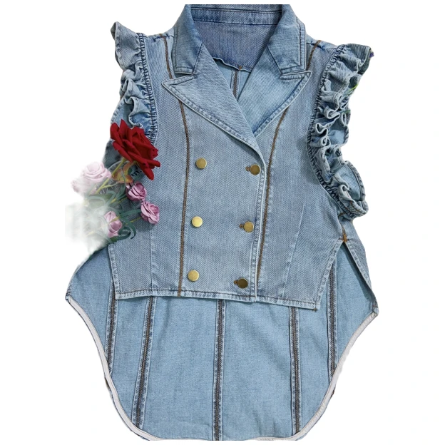 【璇致物深圳店】匈牙利云蓝色春秋牛仔马甲短款木耳边水洗马甲