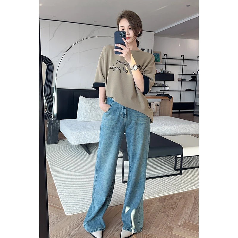 【现货60系列】美洋MEIYANG 立夏牛仔裤磨白洗水高腰直筒拖地长裤