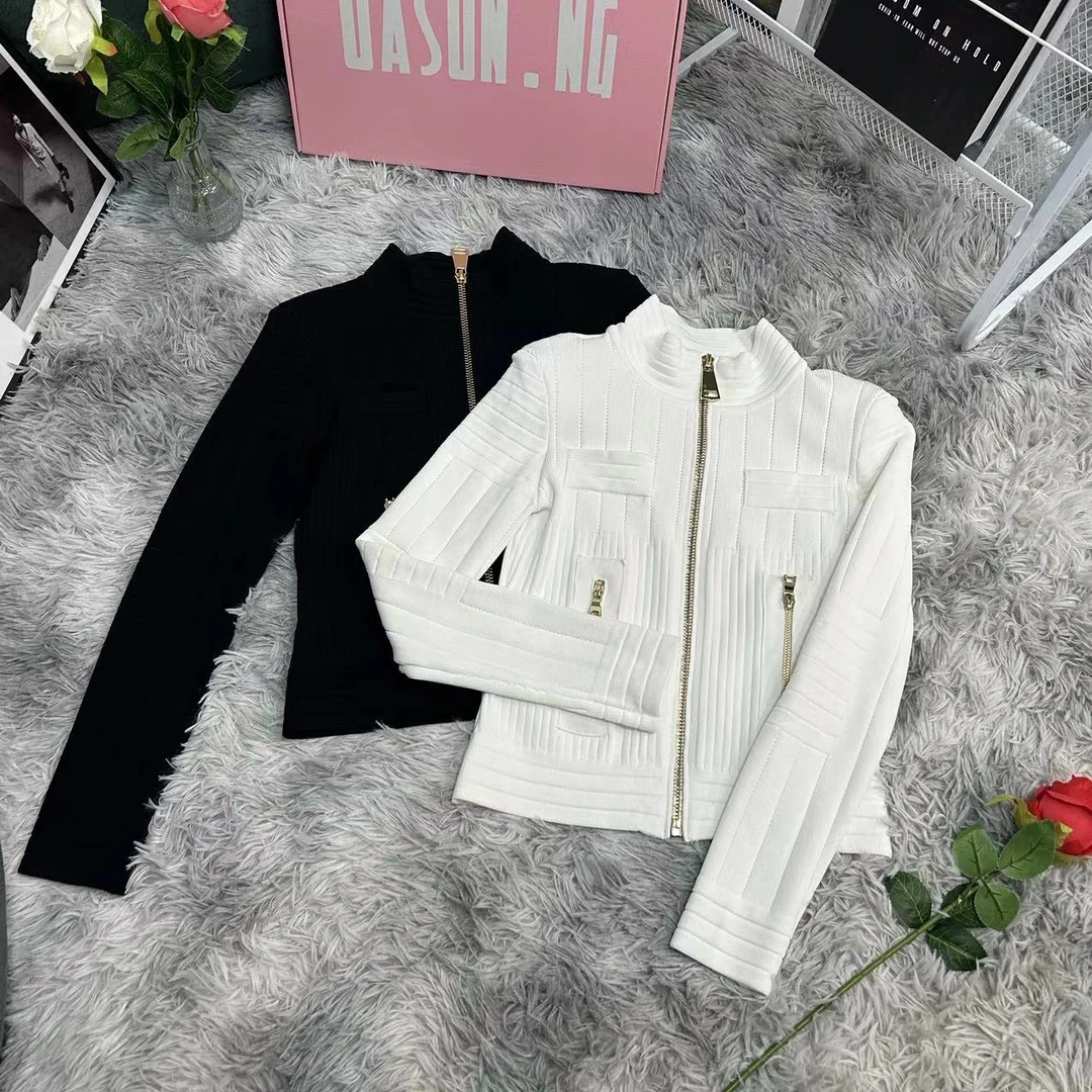 【RS Fashion】 秋款纯色半高拉链开衫针织长袖上衣外套(YX-3098)