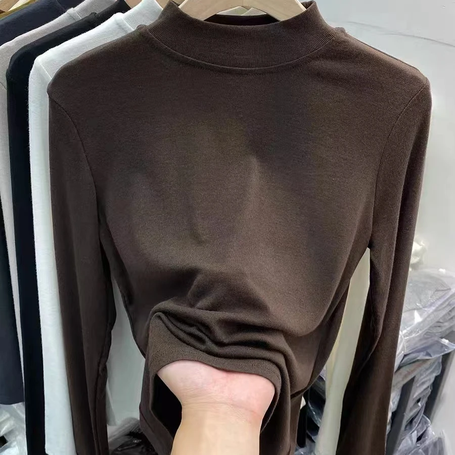 大码软糯半高领修身打底衫女长袖t恤新款立领洋气内搭ins上衣蕾丝