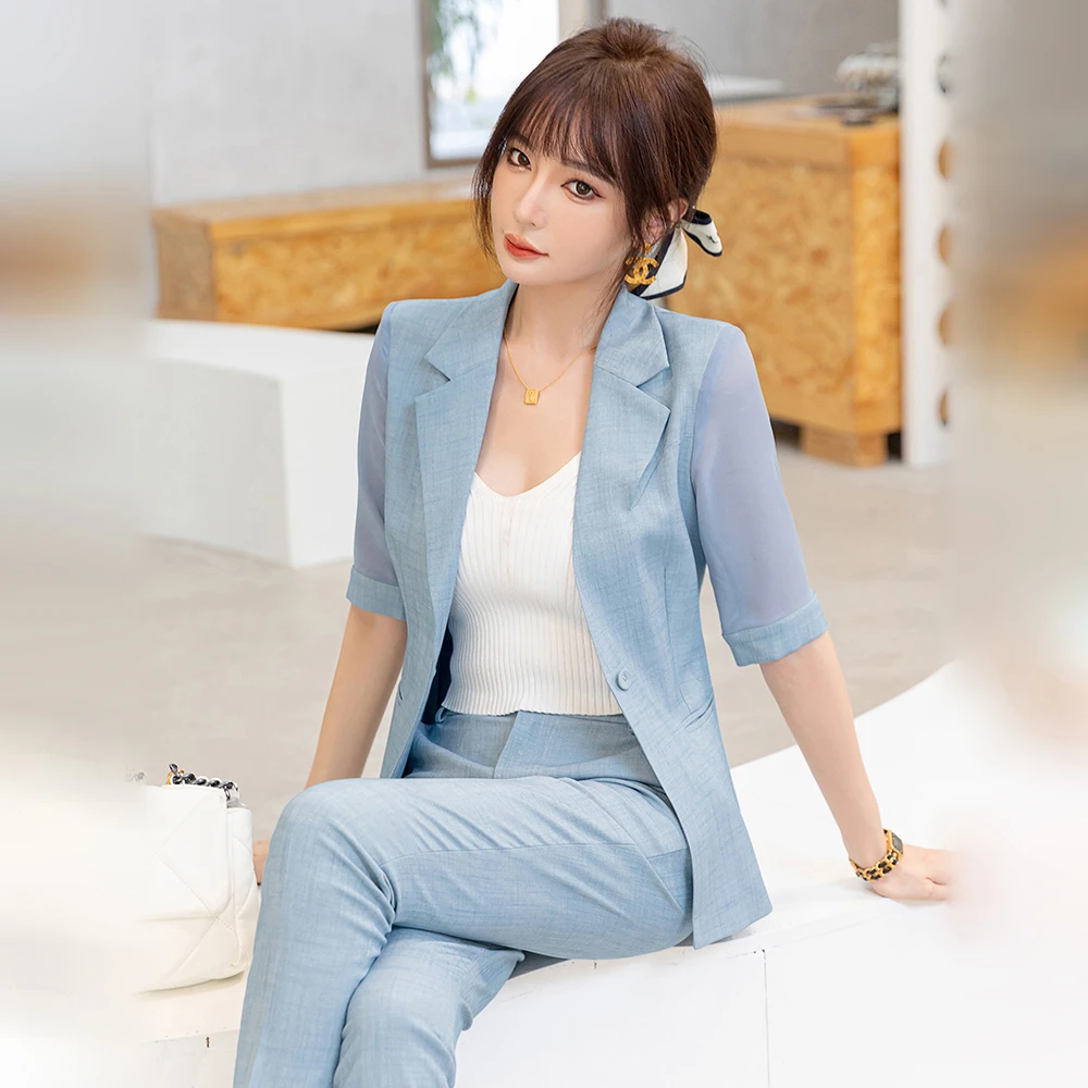 漫凌9383雾霾蓝西装套装女新款设计感显瘦职场百搭短袖西服两件套