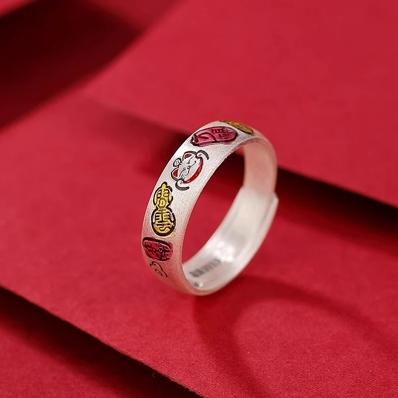 足银戒指 足银国潮珐琅复古吉言纳福招财猫祥云戒指气质百搭指环