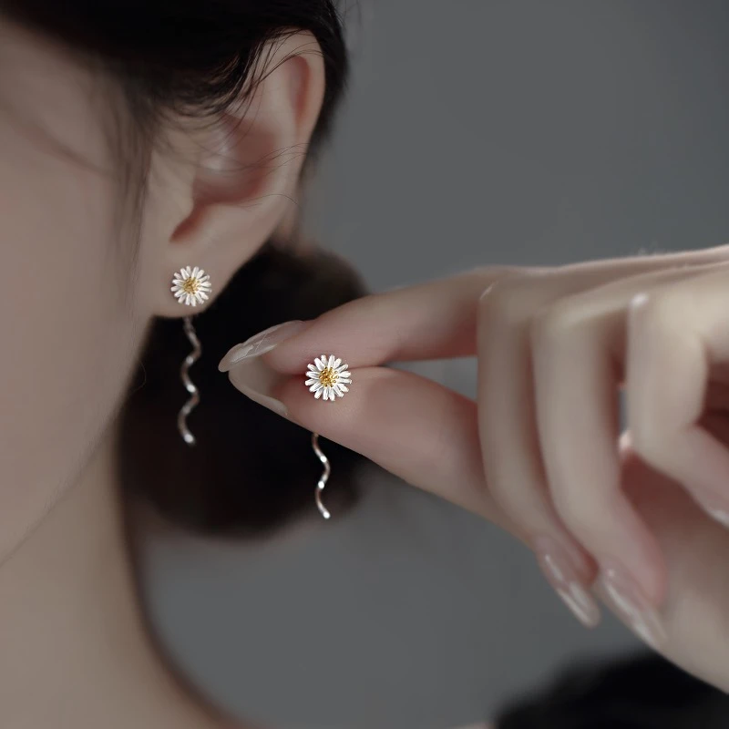 足银耳饰 雏菊耳线女990银小众设计感高级流苏耳坠新款耳线耳环