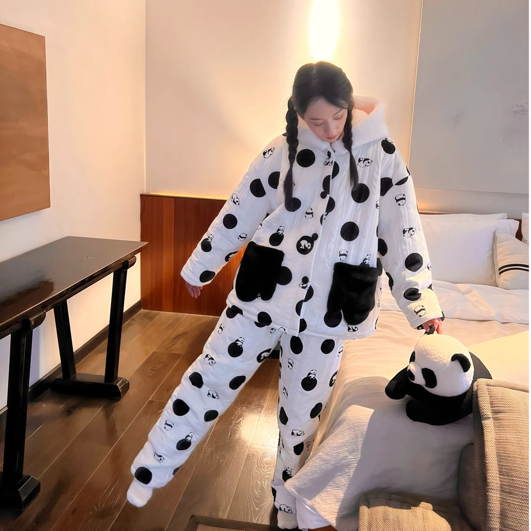 FT盼盼 熊猫刺绣加厚冬季可外穿保暖家居服套装
