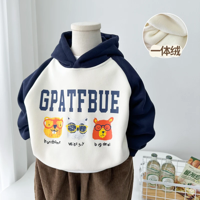 男童一体绒卫衣秋冬新款儿童加绒连帽衫中小童韩版休闲套头衫