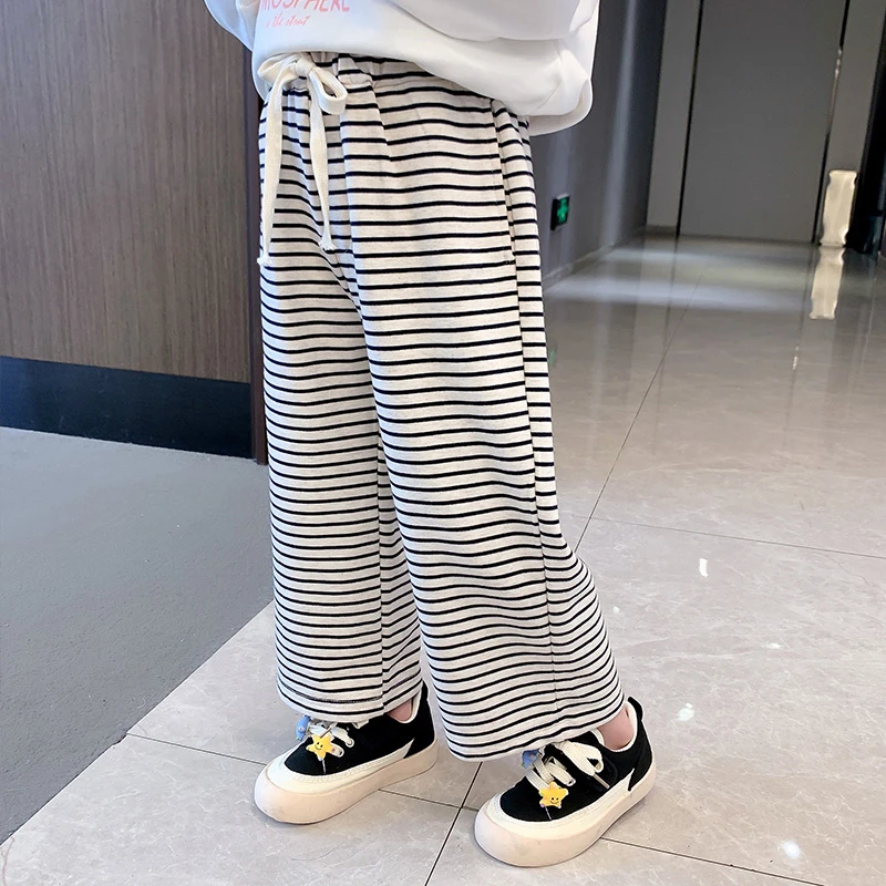 女童2023韩版春秋休闲裤子小女孩条纹阔腿裤女宝宽松直筒长裤垂感