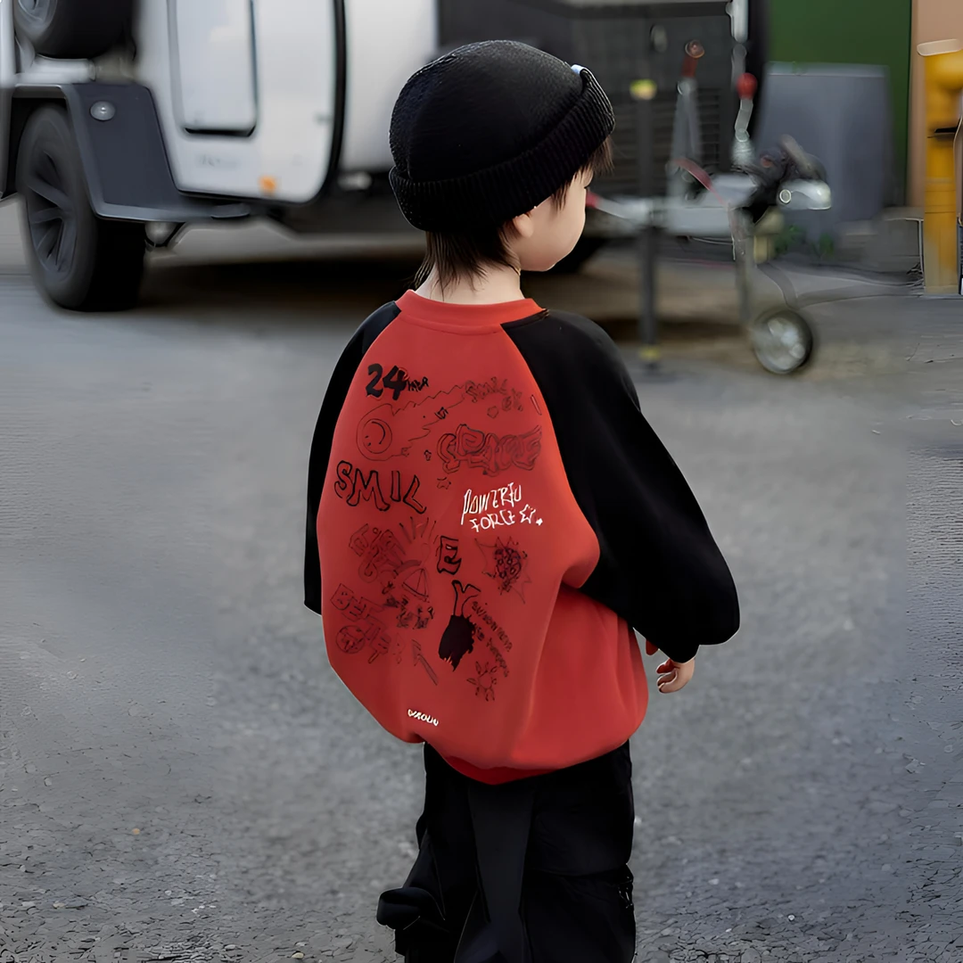 儿童趣味线条图案春秋卫衣2025秋季新款拼色中小童打底衫男童上衣