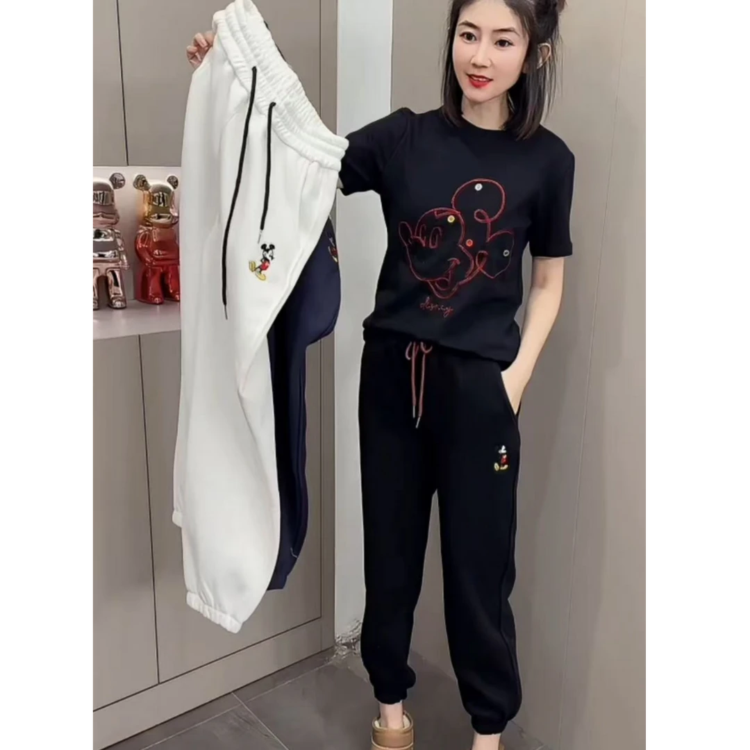 2024冬季新款减龄女米奇刺绣宽松显瘦加绒加厚束脚防风裤10219