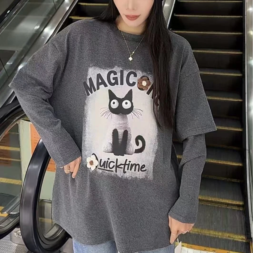 立体花朵猫咪假两件T恤货2024冬甜酷小众中长款宽松盖臀上衣10221