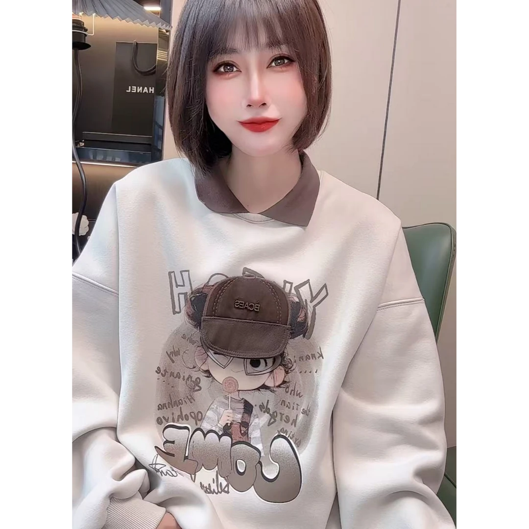 卫衣女秋冬2024新款韩版宽松卡通印花美女图翻领假两件上衣11313