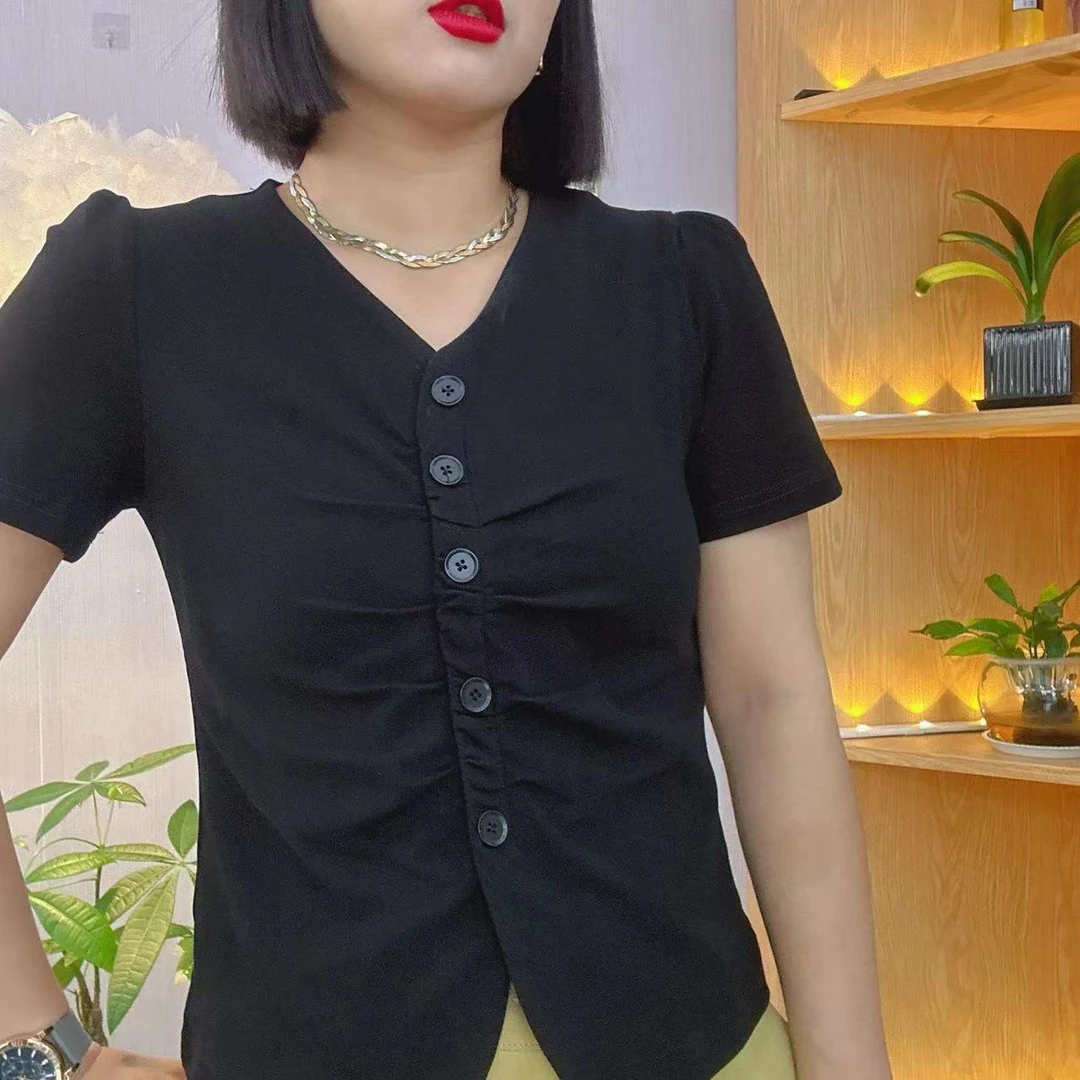 夏季宽松显瘦气质短袖上衣休闲百搭设计感纯色时尚针织7019