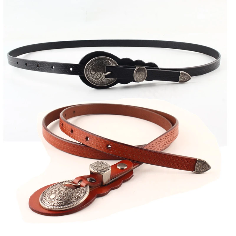 简约百搭牛皮真皮窄皮带女款配裙子打结细腰带女时尚欧美黑色裤带