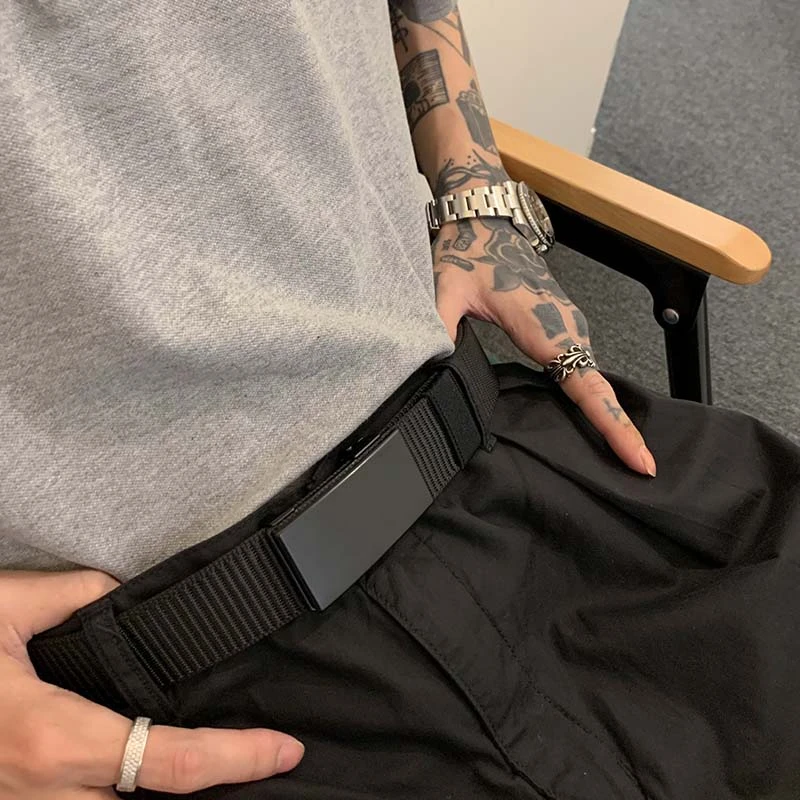 自动扣皮带男工装裤潮牌ins风裤带年轻百搭牛仔休闲裤女帆布腰带
