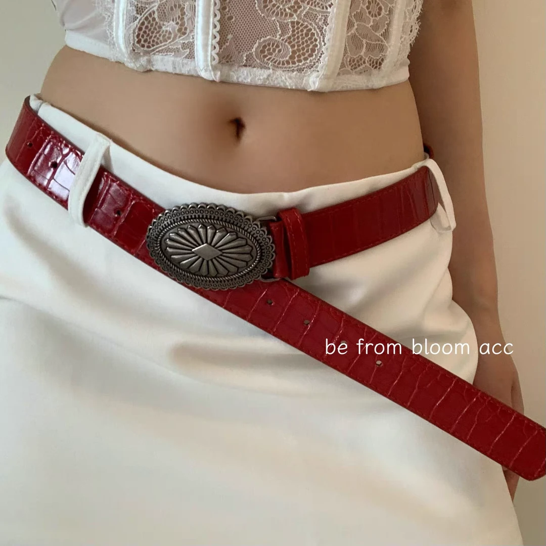 美式流行红色皮革腰带简约个性圆扣个性皮带女简约百搭辣妹配饰