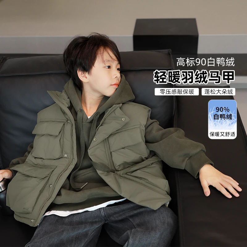 2024新款儿童羽绒马甲男童工装轻薄马夹白鸭绒痞帅无袖外套冬季潮