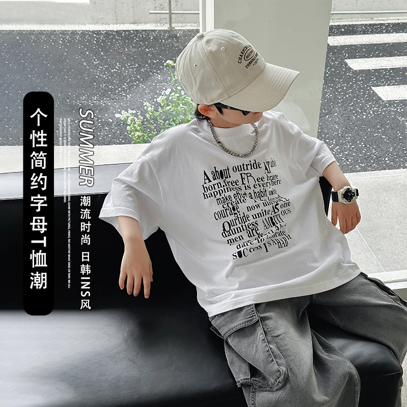 2024新款男童夏装短袖潮牌儿童痞帅t恤字母半袖中大童白色上衣