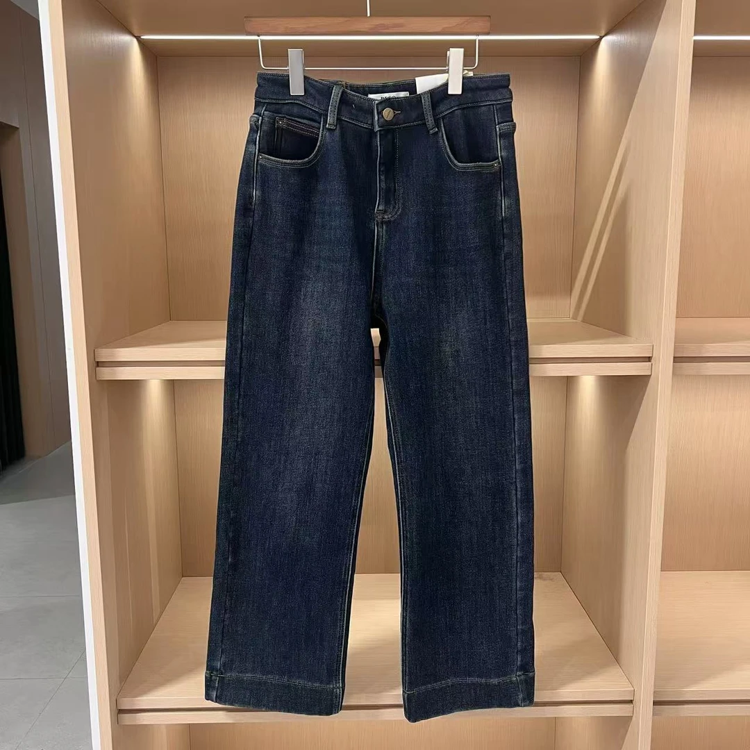 冬季新款高弹力加厚绒显瘦百搭蓝色九分直筒牛仔裤25139（裤长93）