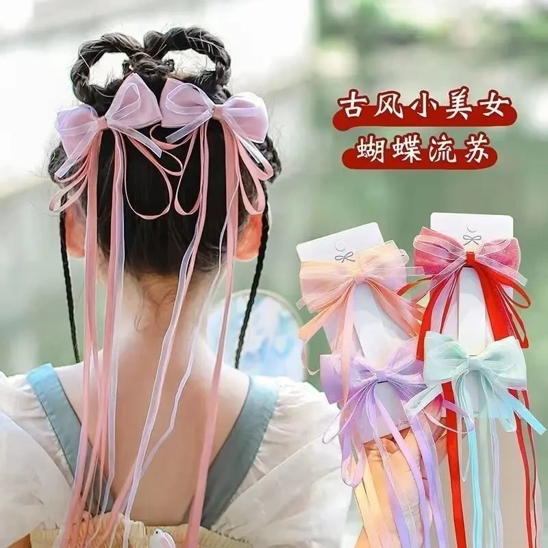 汉服发夹儿童头饰小女孩超仙发卡蝴蝶结飘带对夹国风公主发饰头花