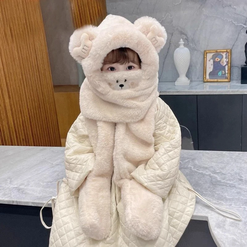 帽子冬季保暖女童毛绒帽围巾一体帽新款挡风口罩手套男宝宝百搭款