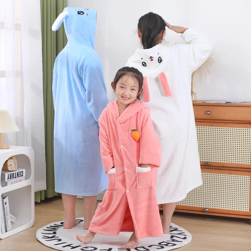 浴袍可穿式浴裙带帽带袖浴袍男女童小孩厚款浴衣秋冬新款柔软可爱