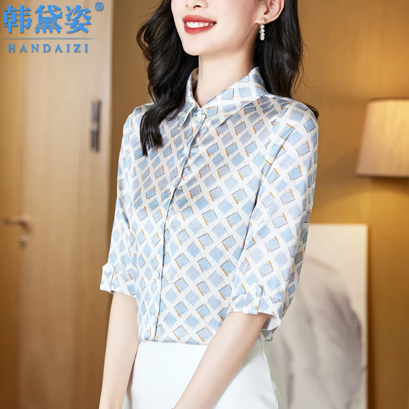 时尚单排扣重磅真丝上衣女五分袖2025新款高端大牌桑蚕丝宽松衬衫