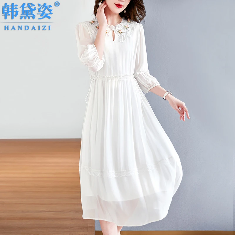 白色真丝连衣裙女高级感2025年新款时尚气质桑蚕丝仙气过膝长裙子