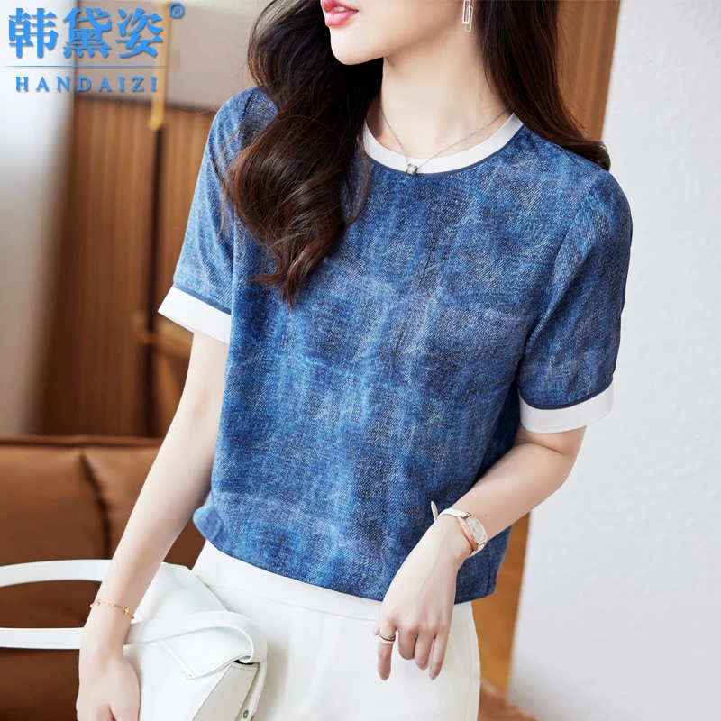 双绉真丝T恤女短袖2025新款时尚洋气牛仔蓝印花桑蚕丝显瘦上衣夏