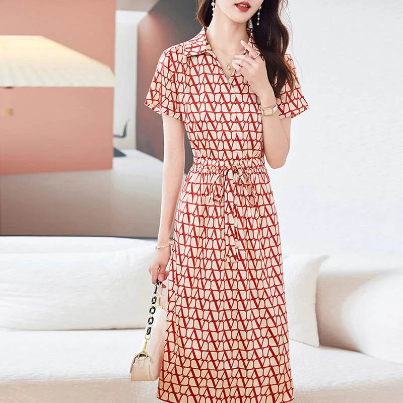 高端品牌重磅真丝连衣裙2025夏新款轻奢桑蚕丝系带收腰中长款裙子