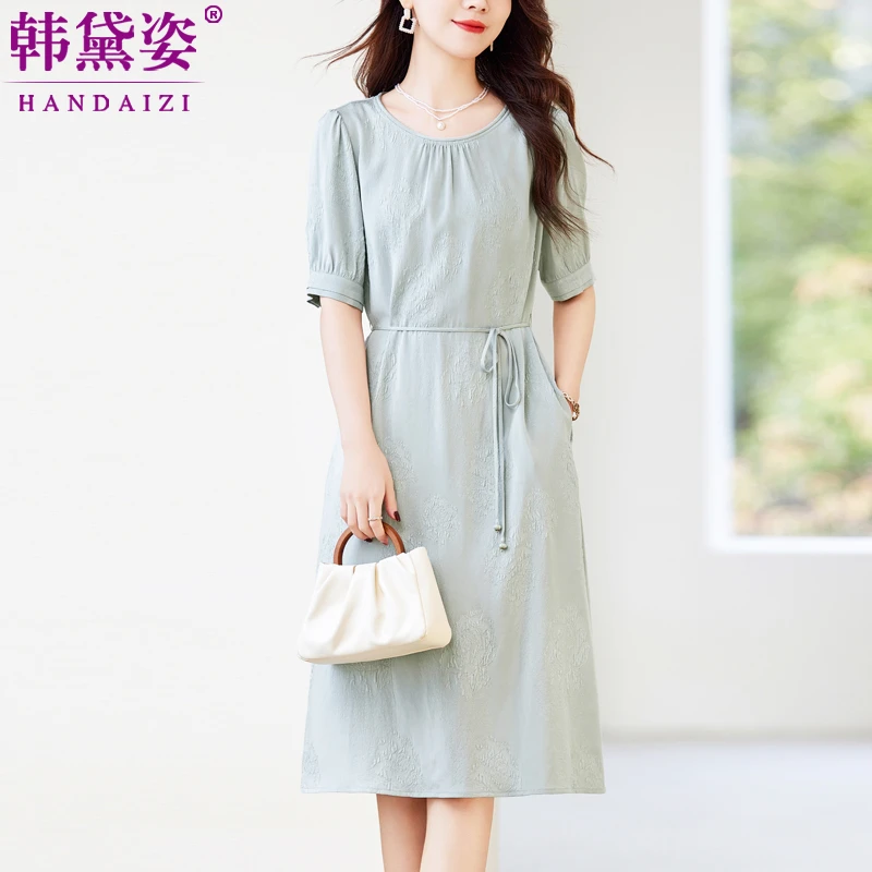 高端品牌气质重磅真丝连衣裙女2025夏新款桑蚕丝短袖系带中长裙子