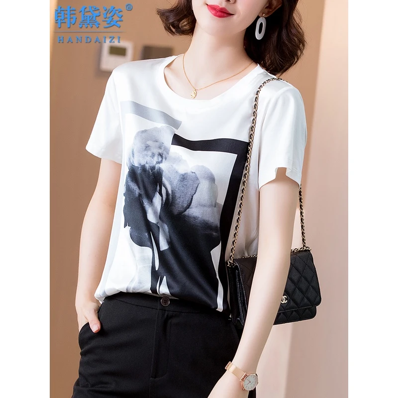 重磅真丝拼接t恤女短袖桑蚕丝白色圆领小衫2025夏装半袖短款上衣