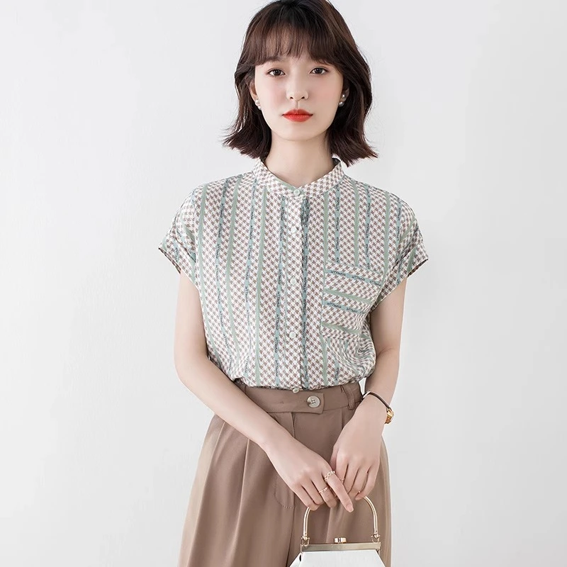 高端时尚品牌双绉真丝上衣女短袖2025夏装新款气质条纹桑蚕丝上衣