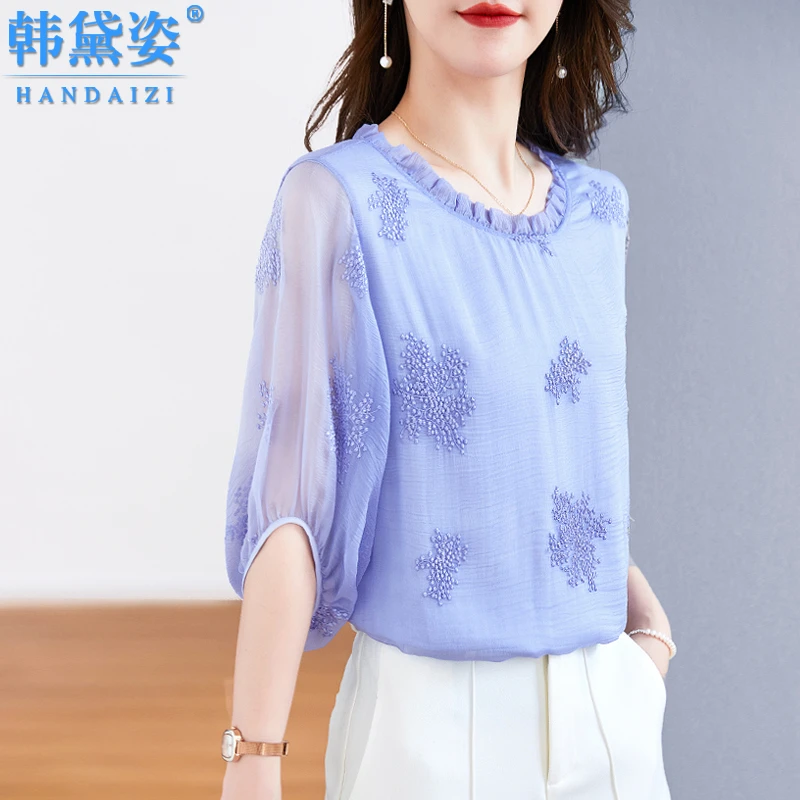 高端大牌桑蚕丝刺绣真丝上衣女2024夏季新款宽松显瘦高端中袖T恤