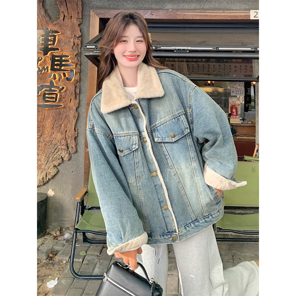 复古蓝色牛仔加绒派克服棉服外套女冬季2024年新款韩系甜美穿搭