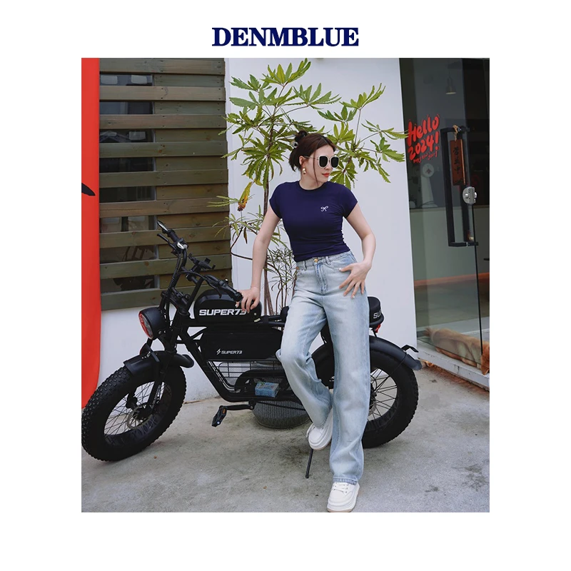 单宁篮2025春季【冰川蓝】弹力时尚窄版高级感阔腿牛仔裤高腰牛仔裤