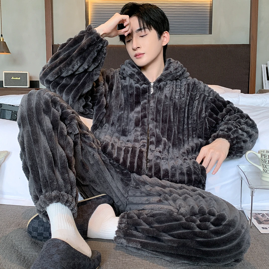 可外穿男士睡衣秋冬款冬季法兰绒加绒加厚款保暖珊瑚绒家居服套装