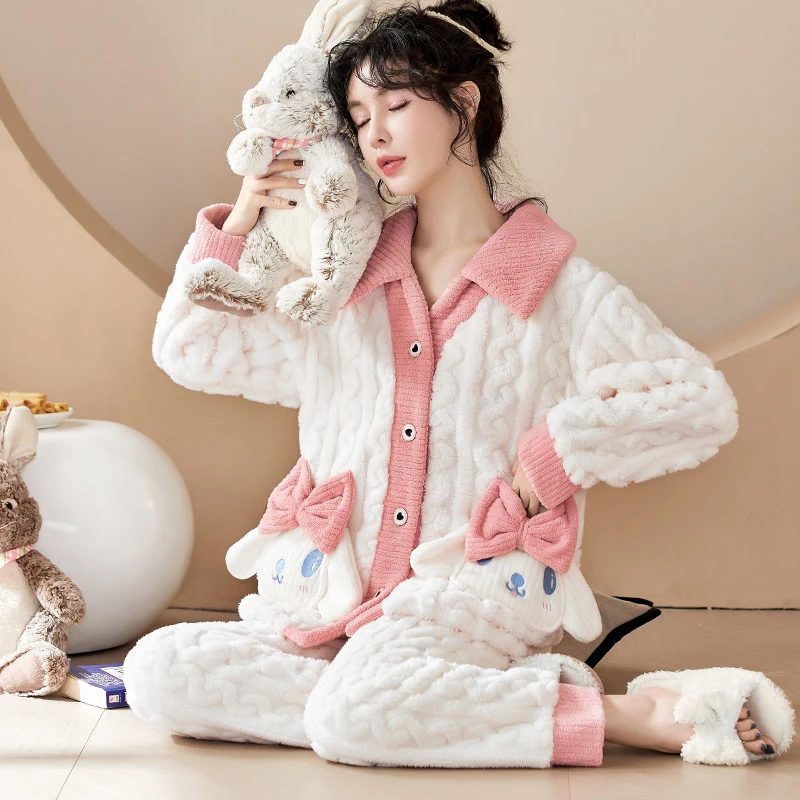 蓝色小奶狗可外穿秋冬季新款女士珊瑚绒可爱家居服法兰绒睡衣