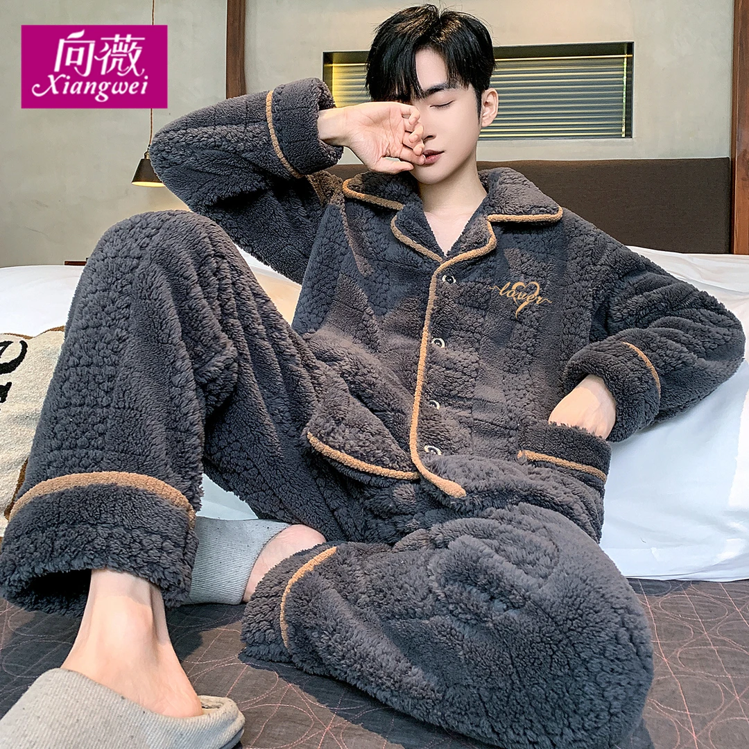 可外穿法兰绒秋冬新款加厚加绒套装宽松大码男士珊瑚绒家居服睡衣