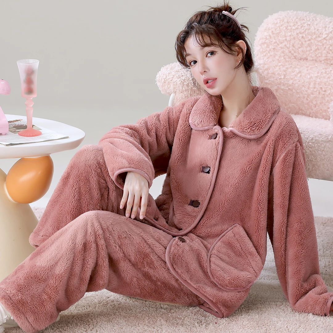 【锁温保暖】雪花绒睡衣可外穿休闲家居服套装加绒加厚女士秋冬天