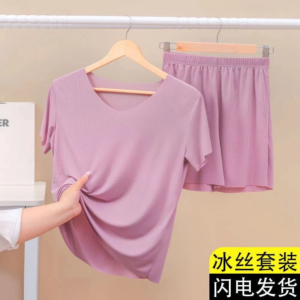 冰丝短袖套装女可外穿夏天睡衣圆领T恤宽松休闲胖mm大码家居服女