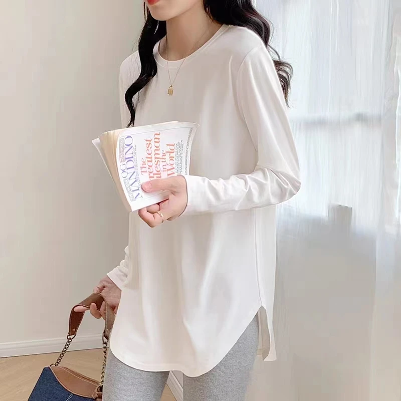 Y2023白色长袖女春秋冬洋气中长款风格宽松打底新款别致上衣韩版
