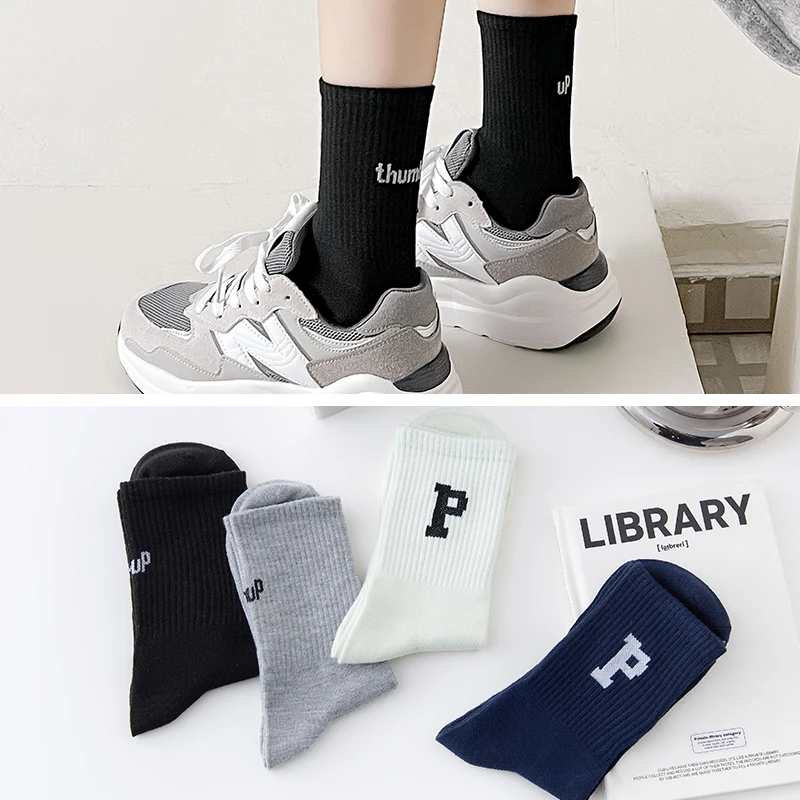 p字袜中筒白色男袜女袜ins潮流秋冬季情侣中筒袜