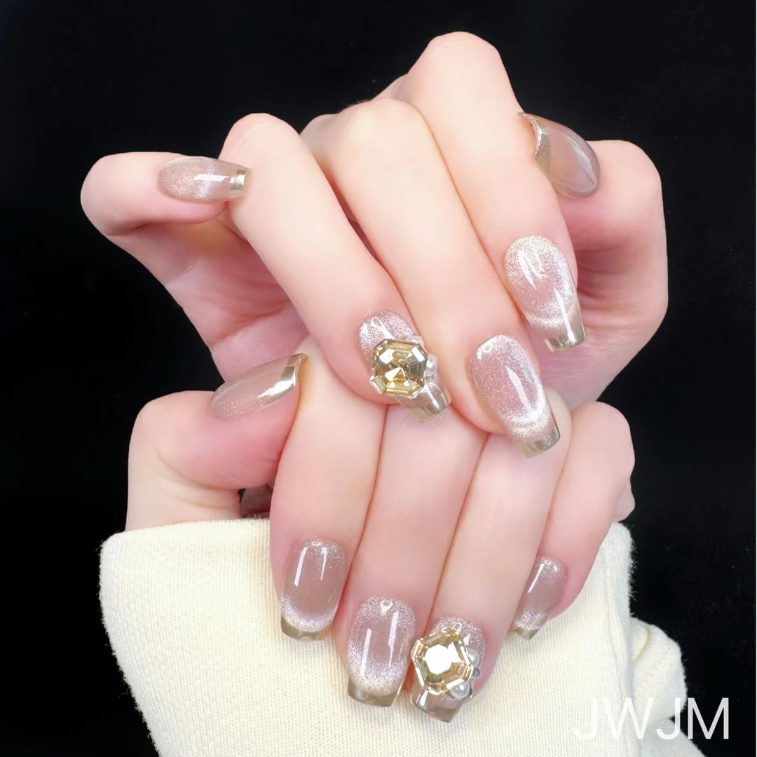 【孤品33号】JWJM设计手工穿戴甲猫眼魔镜法式大钻显白10片春款